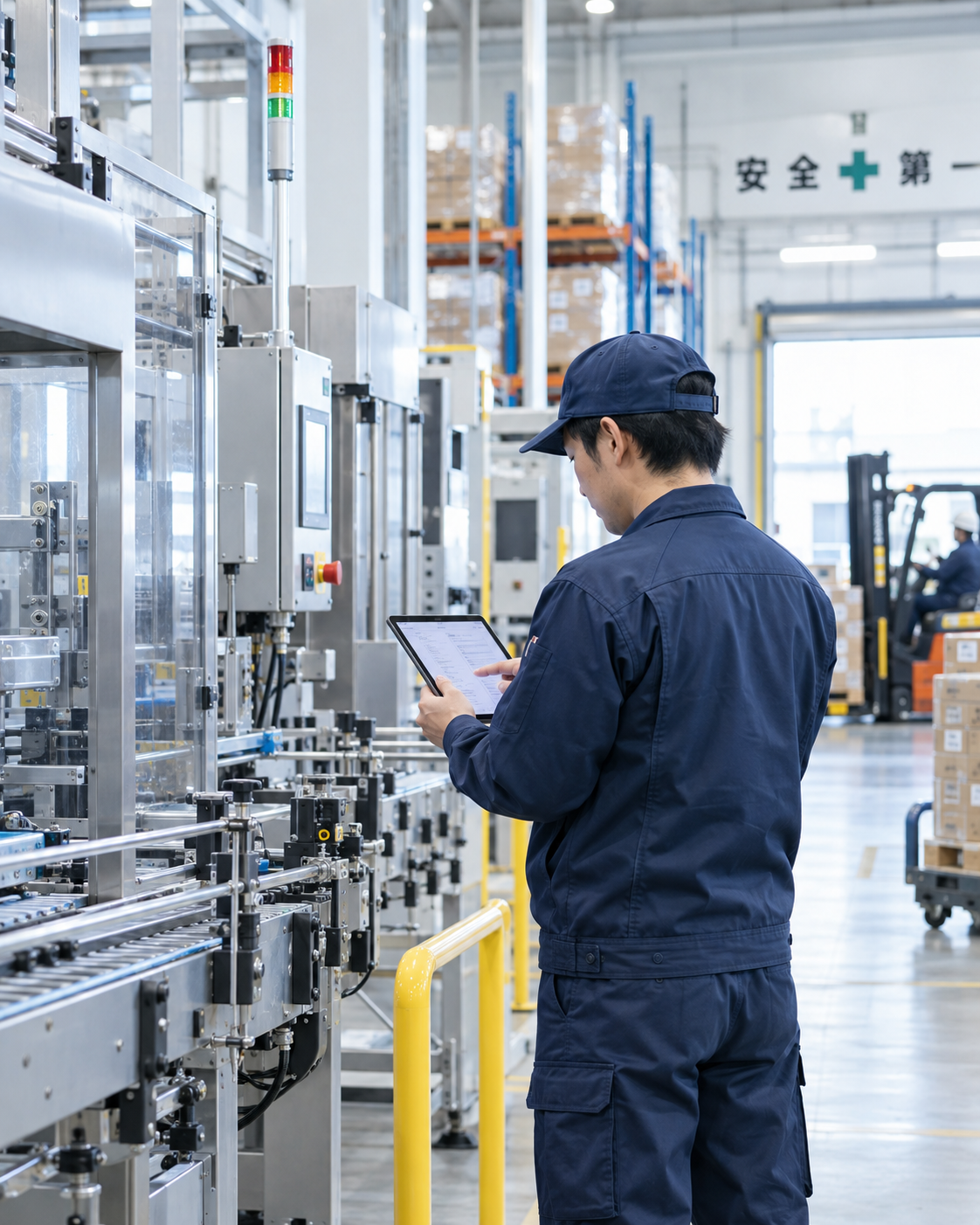 工場設備をタブレットで点検する現場スタッフ