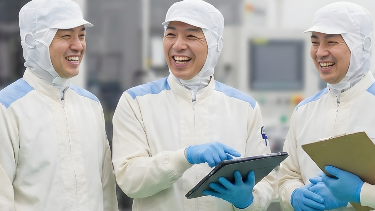 笑顔で話し合う製造スタッフたち